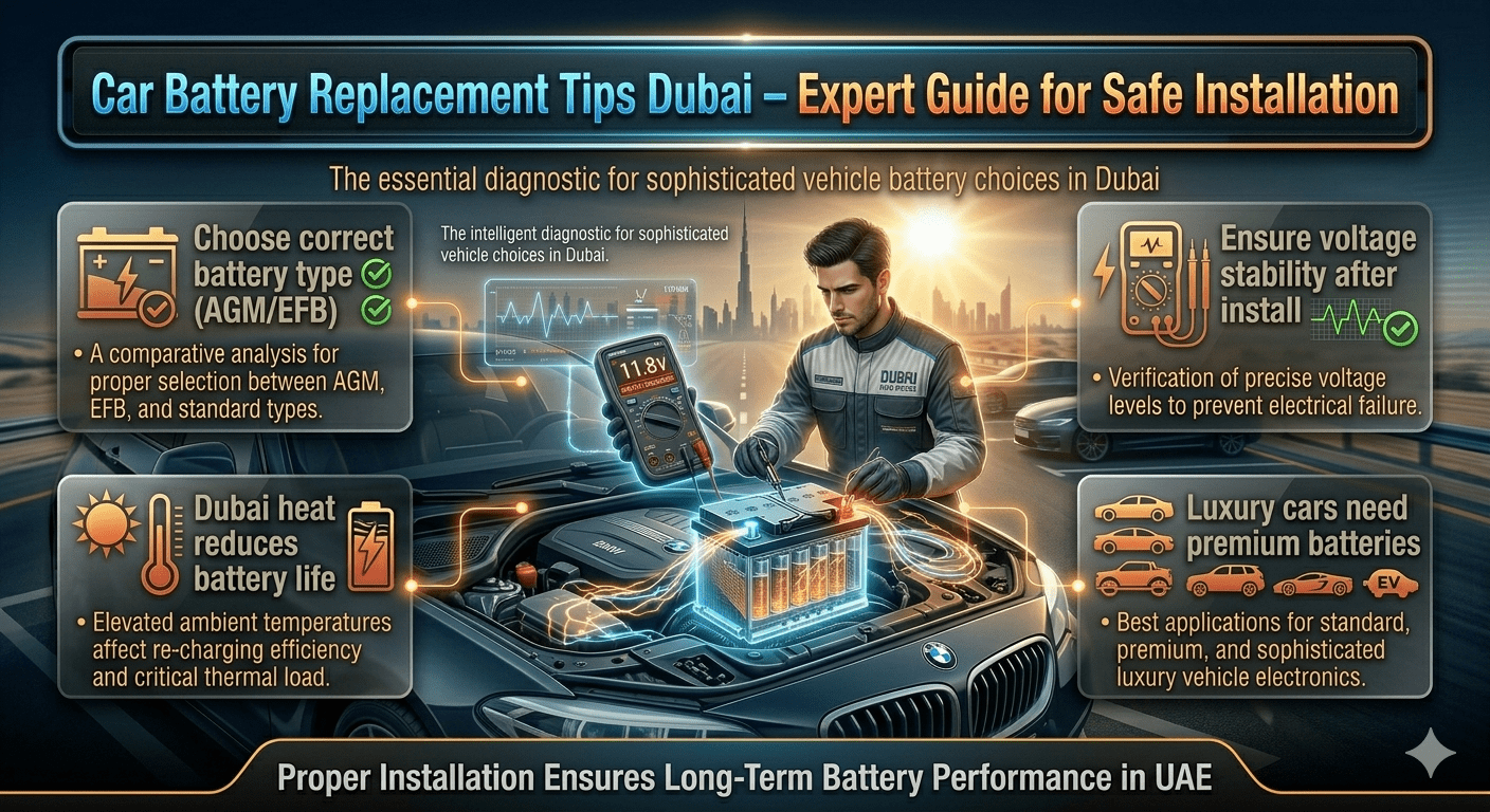 Car battery replacement tips infographic showing technician installing battery in luxury car engine bay in Dubai with heat and diagnostic effects