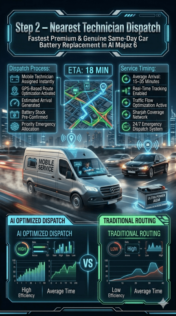 Nearest technician dispatch system for same-day car battery replacement in Al Majaz 6 showing GPS routing, AI optimization, and emergency roadside assistance in Sharjah UAE.