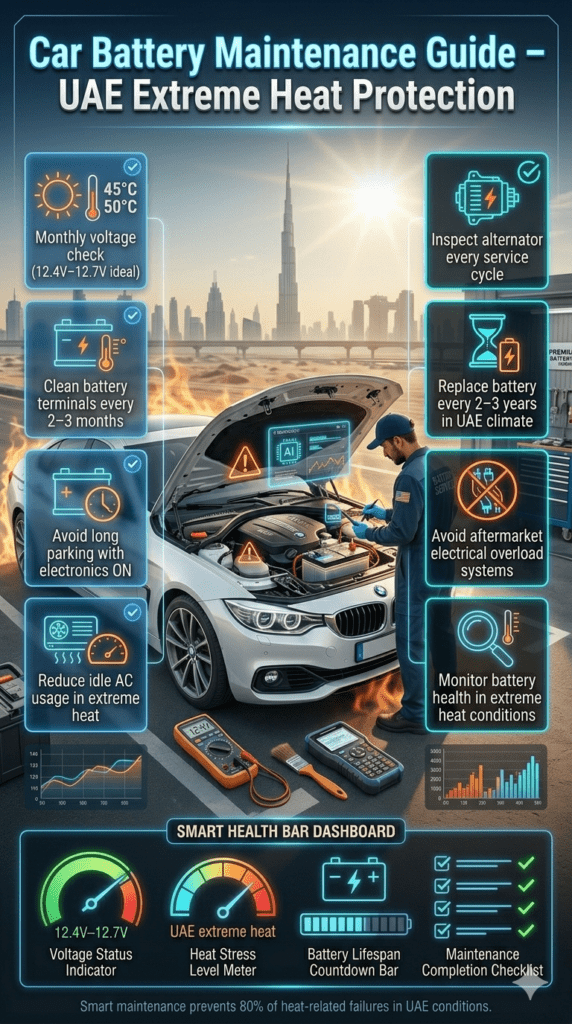 Car Battery Maintenance Guide Dubai – Voltage Check, Heat Protection & Lifespan Tips Car battery maintenance infographic showing voltage checks, terminal cleaning, alternator inspection, and preventive care tips for vehicles in Dubai extreme heat conditions.