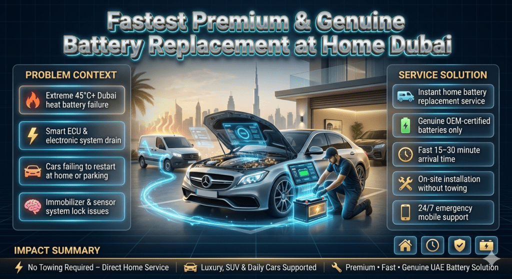 Luxury home battery replacement infographic in Dubai showing mobile mechanic installing car battery at residence with futuristic UI panels, highlighting Fastest Premium & Genuine battery replacement at home Dubai service.