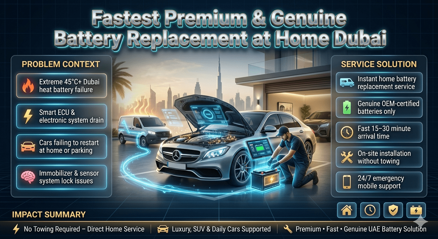 Luxury home battery replacement infographic in Dubai showing mobile mechanic installing car battery at residence with futuristic UI panels, highlighting Fastest Premium & Genuine battery replacement at home Dubai service.