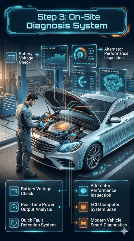 On-site vehicle battery diagnosis showing technician checking voltage, inspecting alternator, and performing ECU scan with digital diagnostic tools.