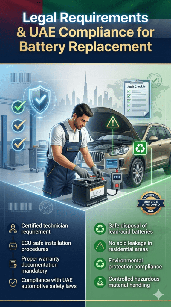 Certified technician performing car battery replacement in UAE workshop with ECU diagnostic tool, safety compliance symbols, and environmental regulation icons.