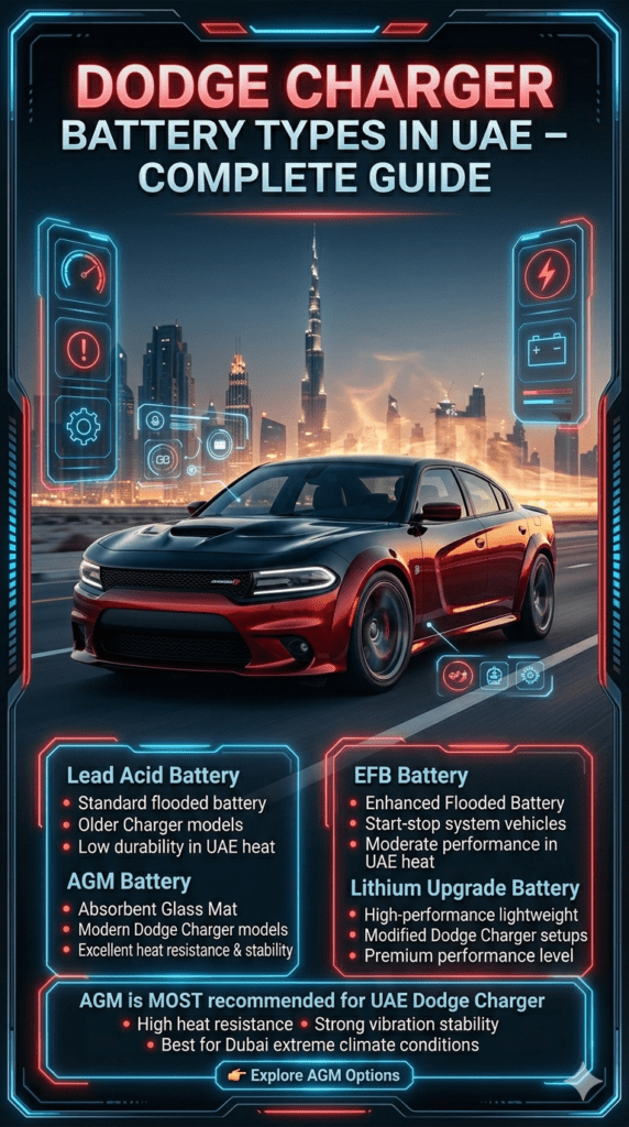 Futuristic infographic showing Dodge Charger in Dubai with battery type comparison panels, highlighting Lead Acid, AGM, EFB, and Lithium batteries with UAE heat performance insights and AGM recommendation.