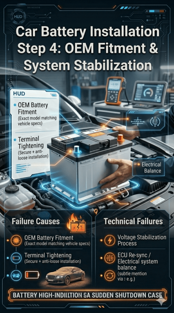 Car Battery Installation Step 4: OEM Fitment & System Stabilization Car battery installation process showing OEM fitment, terminal tightening, and voltage stabilization inside a professional automotive workshop.