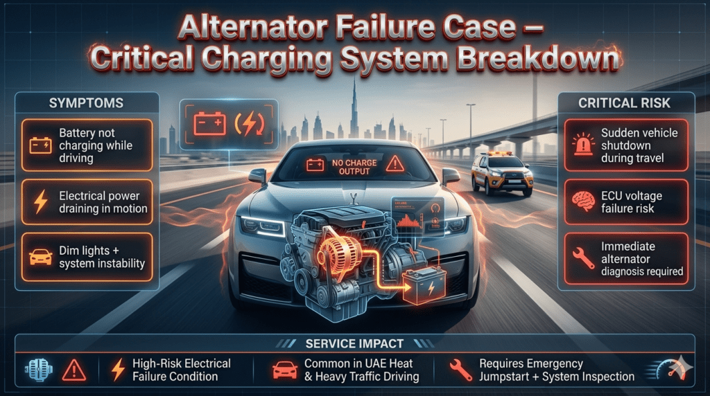 Futuristic automotive infographic showing alternator failure in Dubai with battery not charging while driving, sudden shutdown risk, and emergency jumpstart response system.