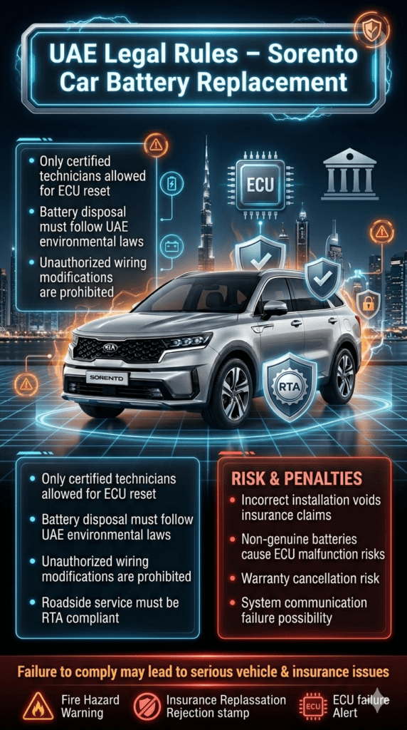 Sorento Car Battery Replacement in UAE / Dubai β Legal Rules & Compliance Guide 2026 Sorento Car Battery Replacement in UAE Dubai legal compliance infographic showing certified technician rules, RTA regulations, insurance risks, and battery safety guidelines.