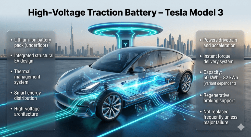 Tesla Model 3 High-Voltage Battery System Explained β UAE EV Guide Tesla Model 3 high-voltage lithium-ion battery pack under vehicle floor shown in futuristic cutaway diagram with Dubai EV infographic style.