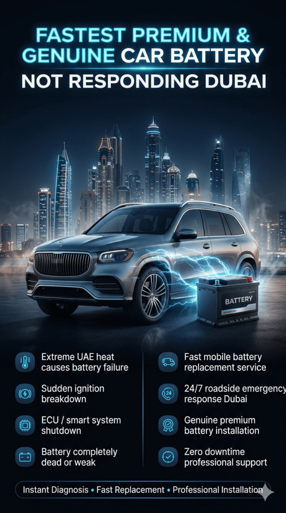 Premium infographic showing car battery not responding in Dubai with luxury vehicle, emergency roadside service, and battery replacement solution in a futuristic city environment.