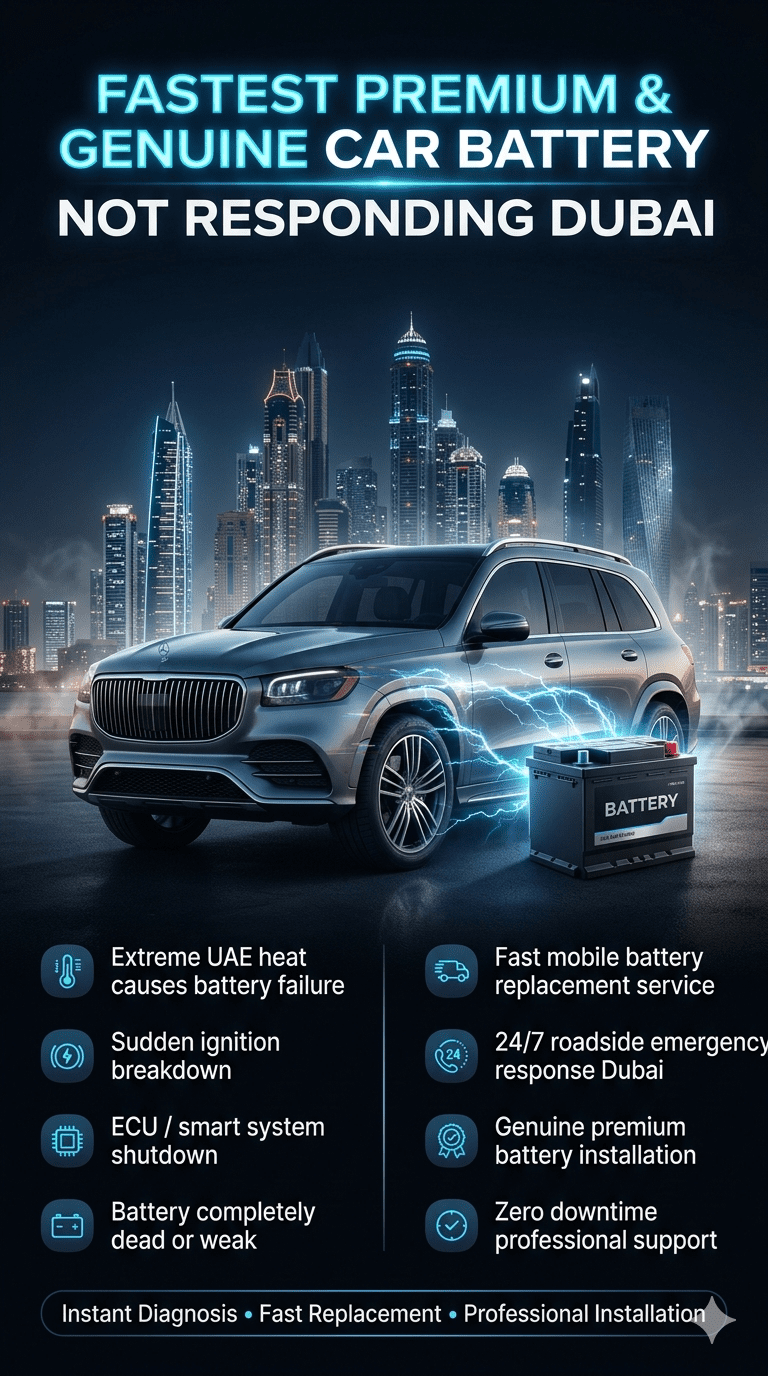 Premium infographic showing car battery not responding in Dubai with luxury vehicle, emergency roadside service, and battery replacement solution in a futuristic city environment.