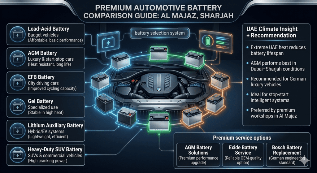 Infographic showing different car battery types used in Al Majaz including Lead-Acid, AGM, EFB, Gel, Lithium, and Heavy-Duty SUV batteries with UAE heat optimization and luxury vehicle compatibility.