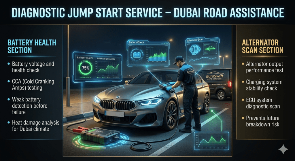 Diagnostic jump start service in Dubai showing technician using OBD scanner and battery tester to check car battery health and alternator performance.