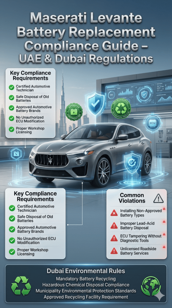 Maserati Levante battery replacement compliance infographic showing UAE regulations, approved technician requirements, battery recycling rules, ECU protection standards, and legal workshop requirements in Dubai.