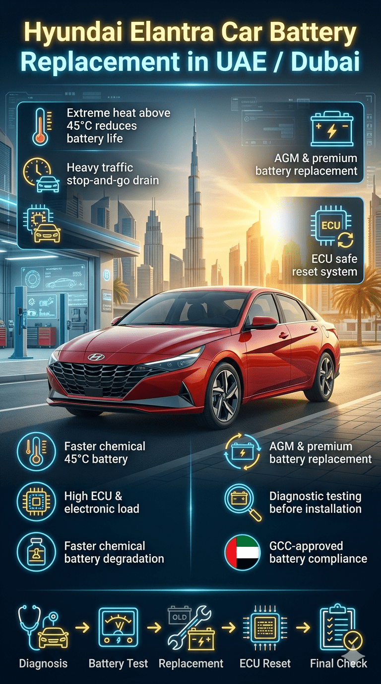 Infographic showing Hyundai Elantra car battery replacement service in UAE Dubai with Dubai skyline, technical battery issues in extreme heat, and professional replacement workflow steps.