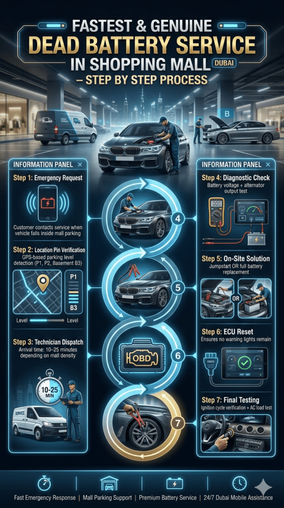 Step-by-step infographic showing mobile car battery emergency service process in Dubai shopping mall parking from request to final testing with luxury vehicle and technician workflow.