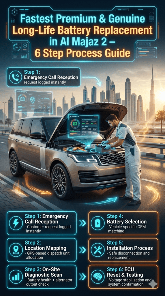 Fastest Premium & Genuine Long-Life Battery Replacement in Al Majaz 2 – 6 Step Process Guide Luxury 6-step infographic showing Fastest Premium & Genuine Long-Life Battery Replacement in Al Majaz 2 with central car battery replacement, technician installation, AI diagnostics, and structured service workflow.