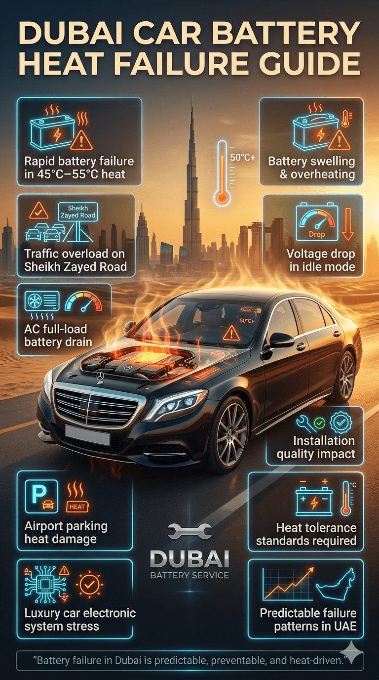 Luxury Dubai car battery heat failure infographic showing overheating vehicle, 50°C+ desert environment, Sheikh Zayed Road traffic stress, and structured prevention points for battery breakdown in extreme UAE summer conditions.