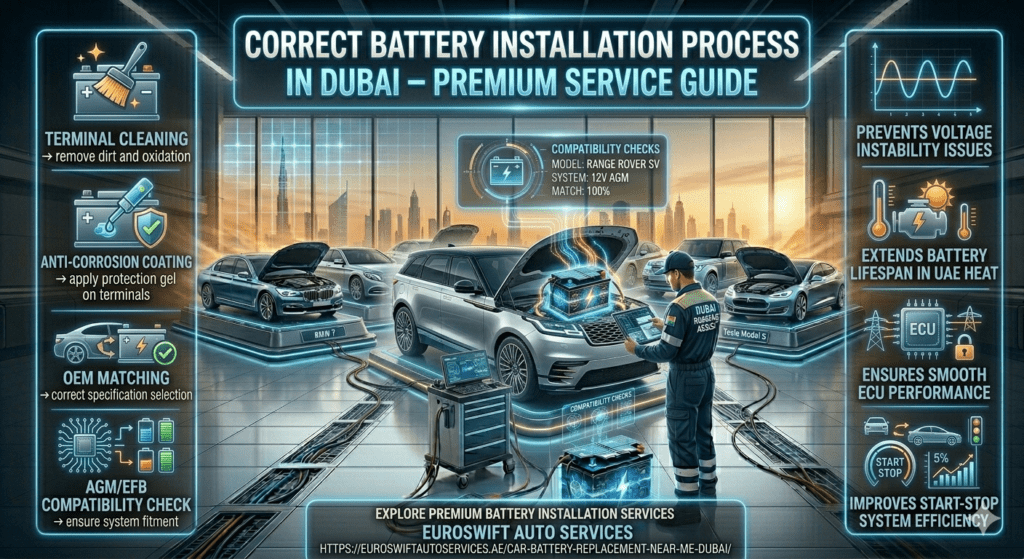 Luxury automotive infographic showing correct car battery installation process in Dubai, featuring a premium car in workshop, technician installing battery, and side panels listing terminal cleaning, anti-corrosion coating, OEM matching, and AGM/EFB compatibility check.