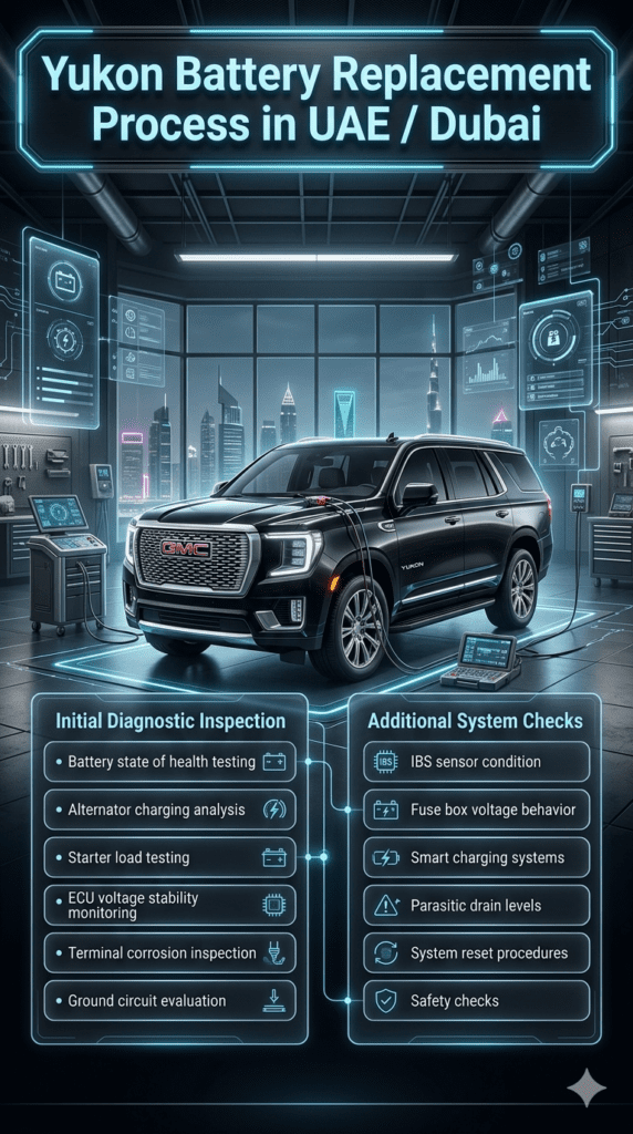 Infographic showing Yukon battery replacement process in UAE with diagnostic inspection steps, alternator testing, ECU monitoring, and a central SUV in a modern workshop.