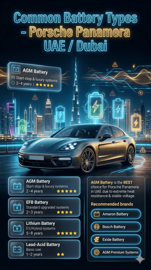 Common Battery Types for Porsche Panamera UAE / Dubai – Complete Guide Luxury infographic showing common battery types for Porsche Panamera in UAE, including AGM, EFB, Lithium, and Lead-Acid batteries with comparison, recommended brands, and Dubai automotive background.