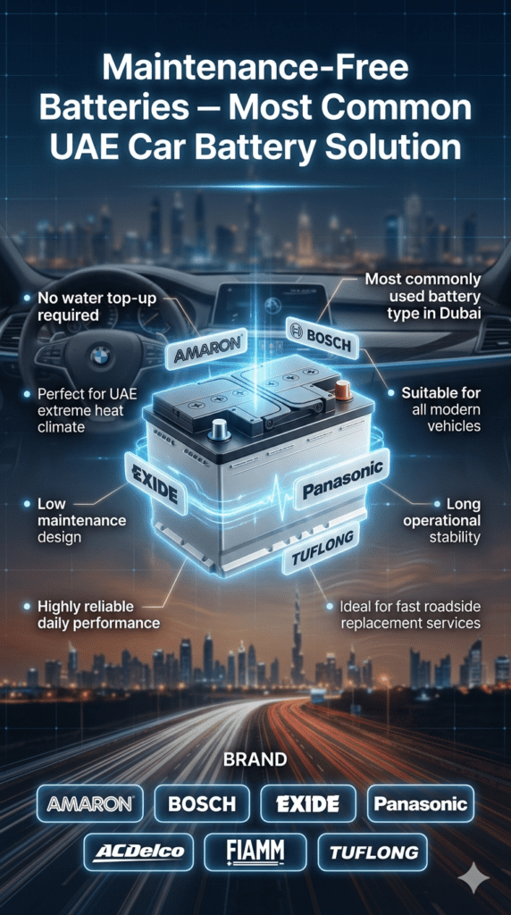 Maintenance-free car batteries infographic showing most common battery type in UAE climate with premium brands like Bosch, Exide, Amaron, Panasonic, AC Delco, FIAMM, and Tuflong used in Dubai automotive services.
