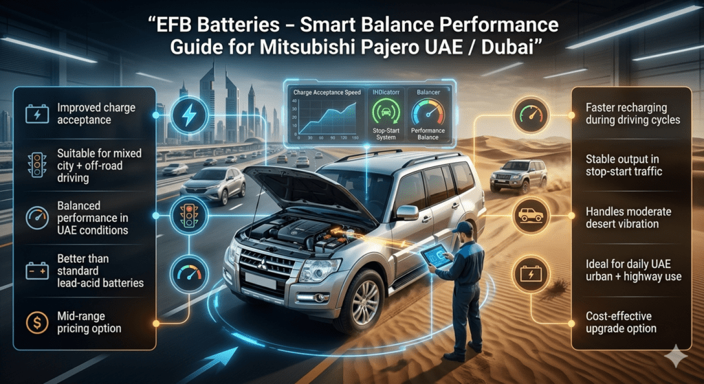 EFB battery infographic for Mitsubishi Pajero in UAE Dubai showing improved charge acceptance, mixed city and off-road driving suitability, and mid-range pricing automotive guide design
