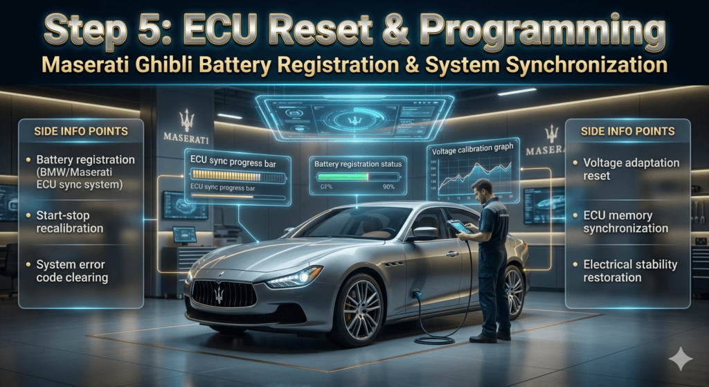 Maserati Ghibli ECU reset and programming step during battery replacement in UAE Dubai showing diagnostic tool connected for battery registration and system recalibration