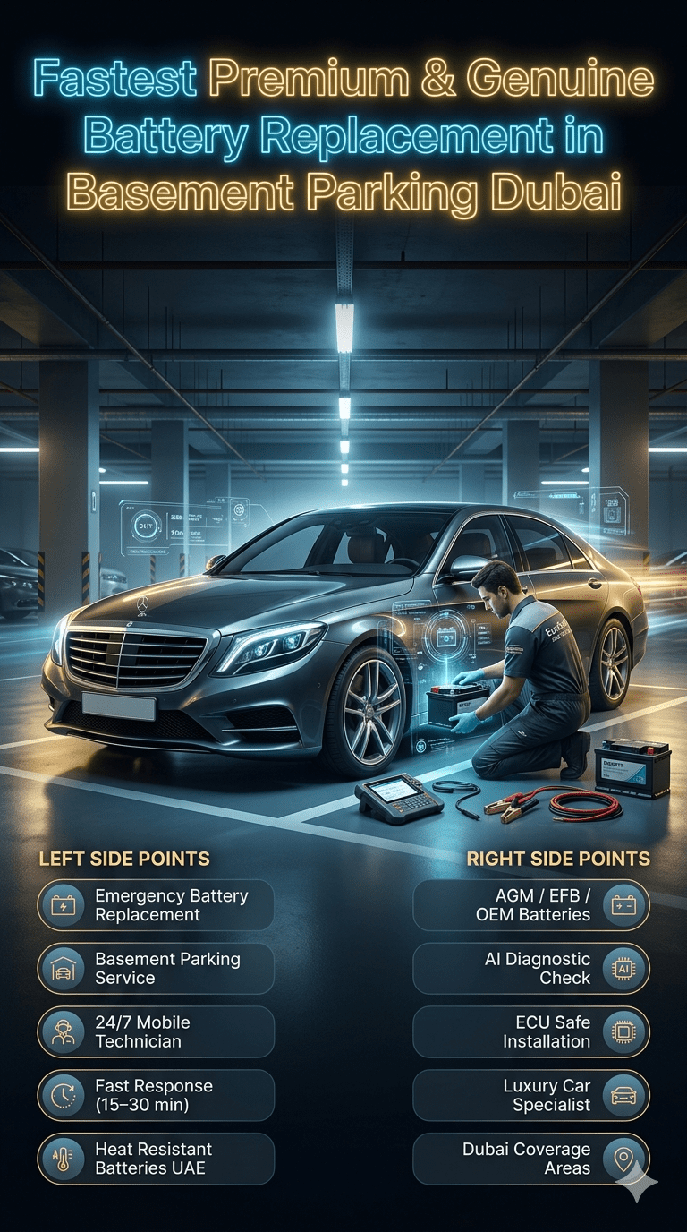 Fastest Premium & Genuine Battery Replacement in Basement Parking Dubai showing luxury car battery service with mobile technician performing emergency installation in underground parking with AI diagnostic overlay and Dubai city automotive environment.