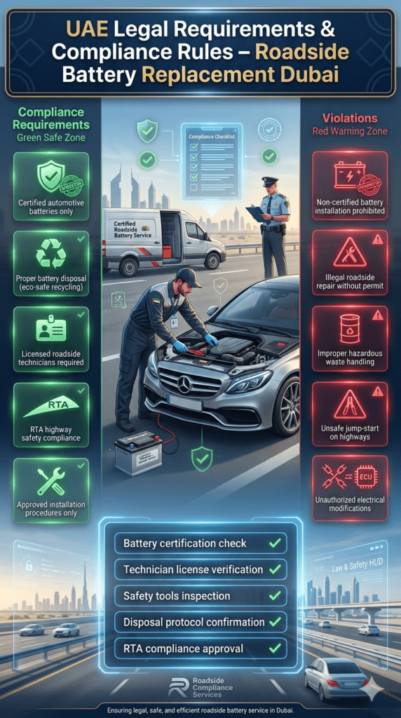 UAE Legal Requirements & Compliance Rules for Roadside Battery Replacement Dubai Legal compliance infographic for roadside battery replacement in Dubai showing certified service requirements, technician licensing rules, RTA safety guidelines, and violation warnings in UAE automotive industry.