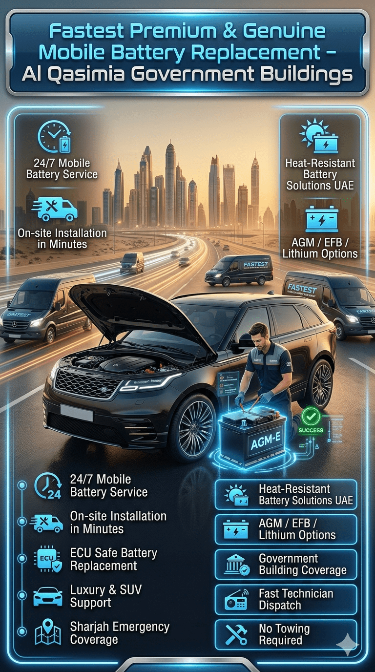 Mobile battery replacement service infographic showing luxury car, technician installation, and emergency fast response in Al Qasimia Government Buildings Sharjah.