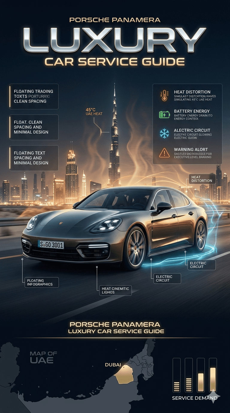 Luxury infographic showing Porsche Panamera in Dubai city environment with battery replacement highlights, UAE heat impact, and automotive service information displayed in side panels with futuristic design.
