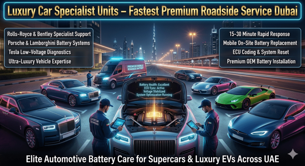 Luxury Car Specialist Units – Premium Roadside Battery Service Dubai Luxury roadside battery specialist unit servicing Rolls-Royce, Bentley, Porsche, Lamborghini, and Tesla vehicles in Dubai with mobile diagnostics and premium emergency repair service
