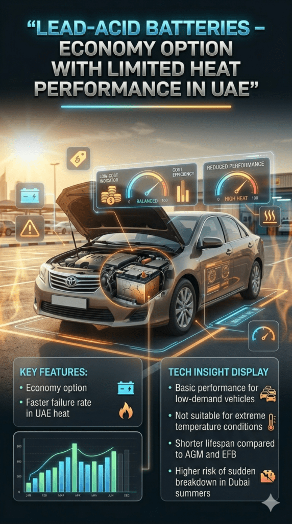 Lead-acid battery infographic showing economy option with faster failure rate in UAE heat conditions in Dubai parking environment.