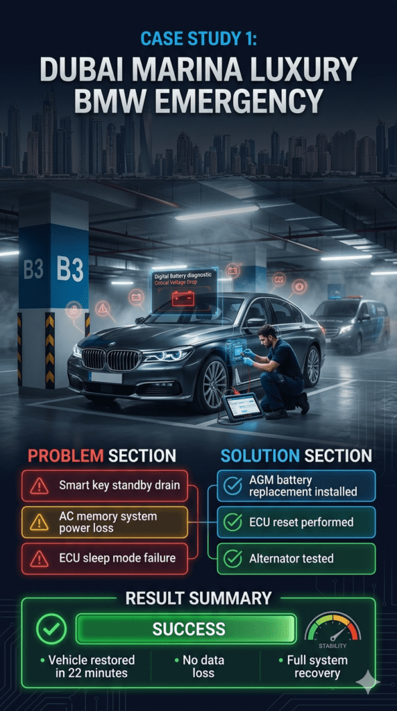 Case study infographic showing BMW 7 Series battery failure in Dubai Marina basement parking, including smart key drain issue, AGM battery replacement solution, and full recovery after diagnostics.