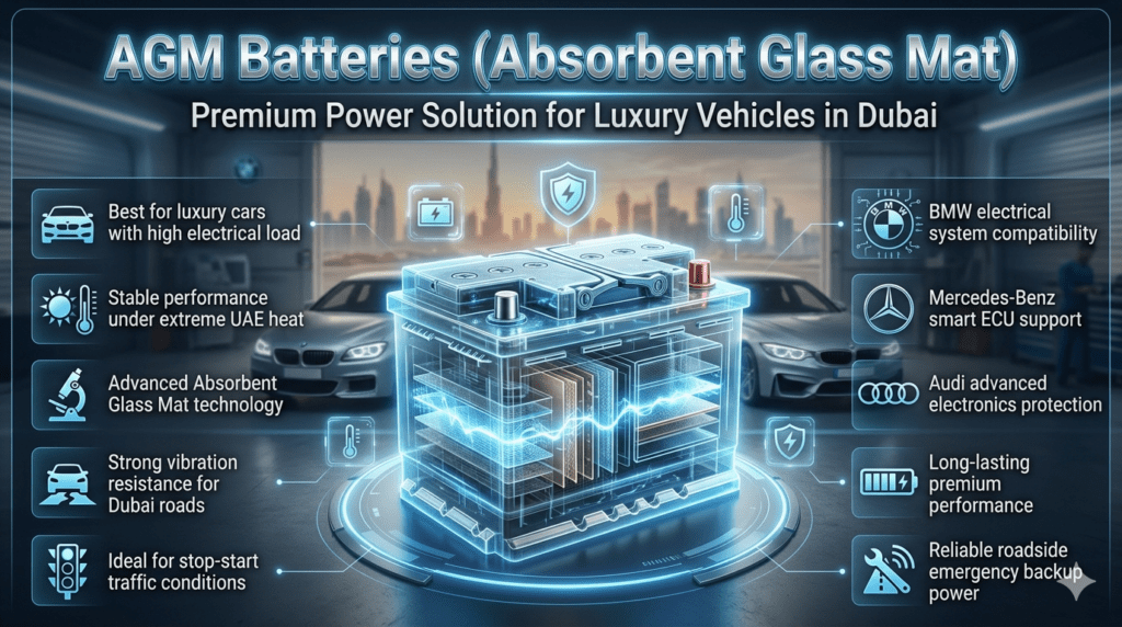 AGM battery infographic showing premium absorbent glass mat technology designed for luxury cars like BMW, Mercedes, and Audi in Dubai with heat-resistant structure and high electrical load support.