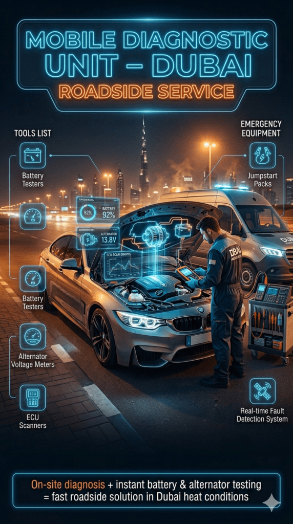 Mobile diagnostic unit technician in Dubai inspecting luxury car engine using battery tester, alternator meter, ECU scanner, and jumpstart equipment during roadside emergency service.