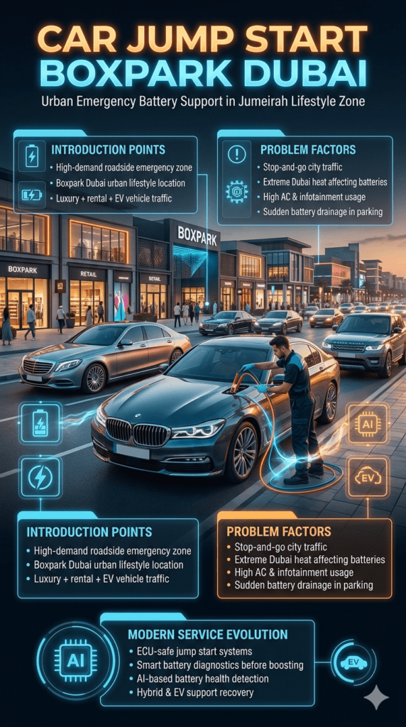 Cinematic urban roadside assistance scene in Boxpark Dubai showing a technician performing a car jump start on a luxury vehicle with ECU-safe equipment, surrounded by modern city architecture and animated infographic panels explaining battery issues and advanced recovery systems.