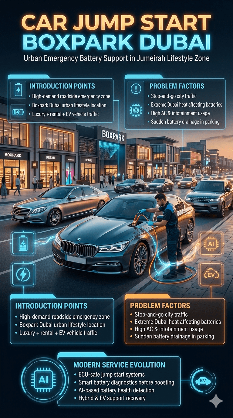 Cinematic urban roadside assistance scene in Boxpark Dubai showing a technician performing a car jump start on a luxury vehicle with ECU-safe equipment, surrounded by modern city architecture and animated infographic panels explaining battery issues and advanced recovery systems.