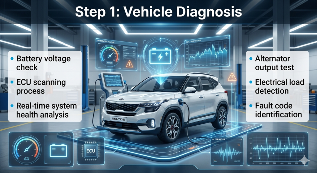 Step 1: Vehicle Diagnosis – Kia Seltos Battery & ECU Testing UAE Guide Kia Seltos vehicle diagnosis process showing battery voltage check, ECU scanning, and alternator output test in modern UAE workshop.