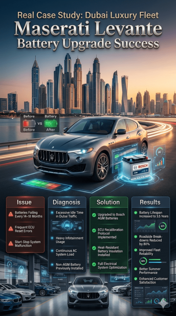 Maserati Levante luxury fleet battery replacement case study infographic showing battery failure diagnosis, Bosch AGM battery upgrade solution, and improved reliability results in Dubai Marina.