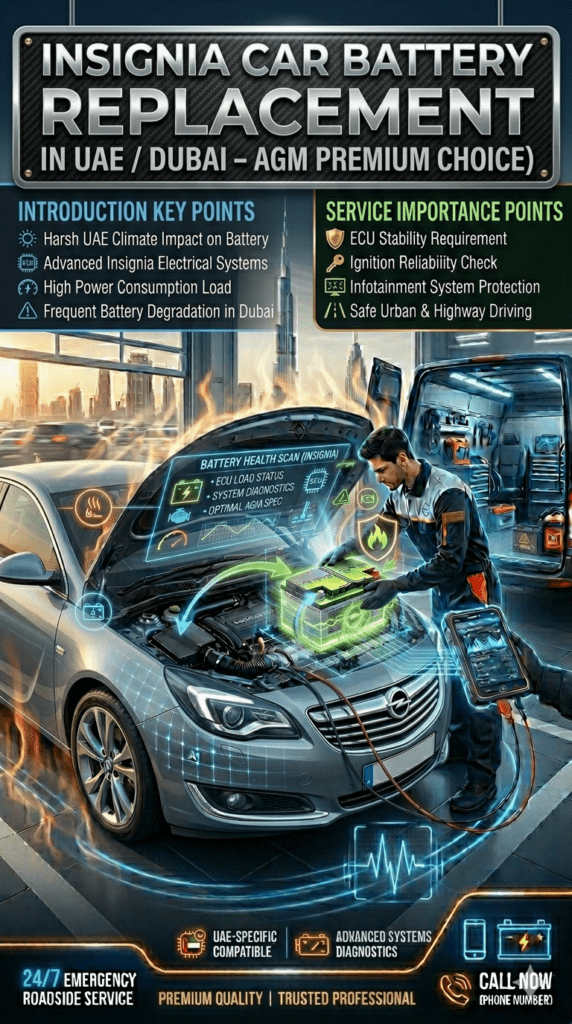 AGM battery installation in Opel Insignia showing premium heat resistance ECU compatibility and long lifespan in Dubai UAE conditions