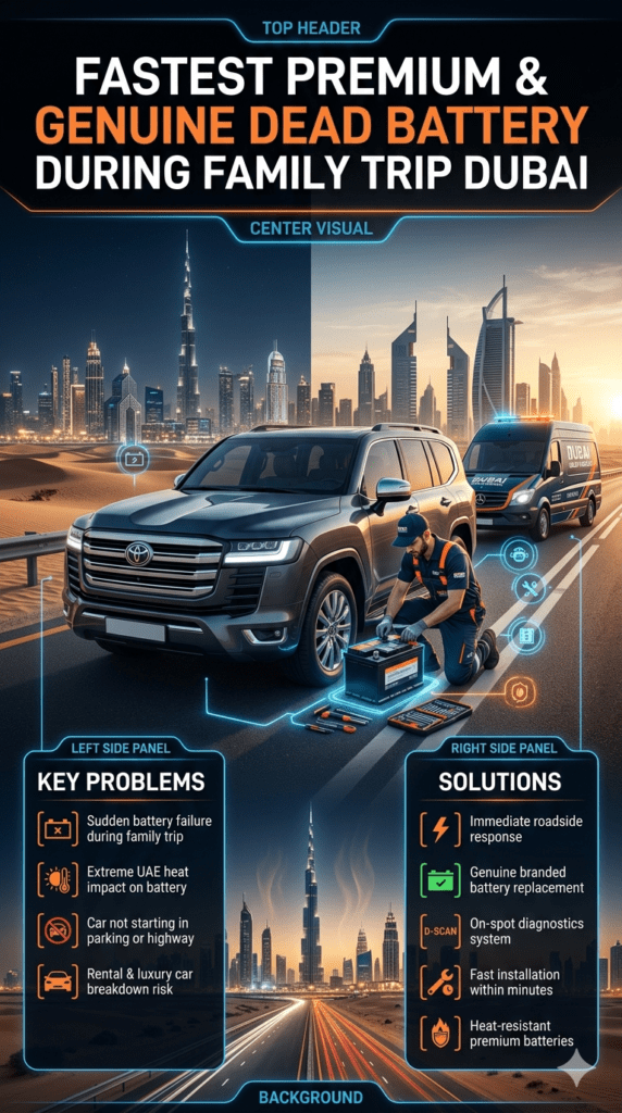Luxury roadside assistance scene in Dubai showing emergency car battery replacement during a family trip, with professional mechanic installing a new battery in a premium SUV under extreme heat conditions on a highway.