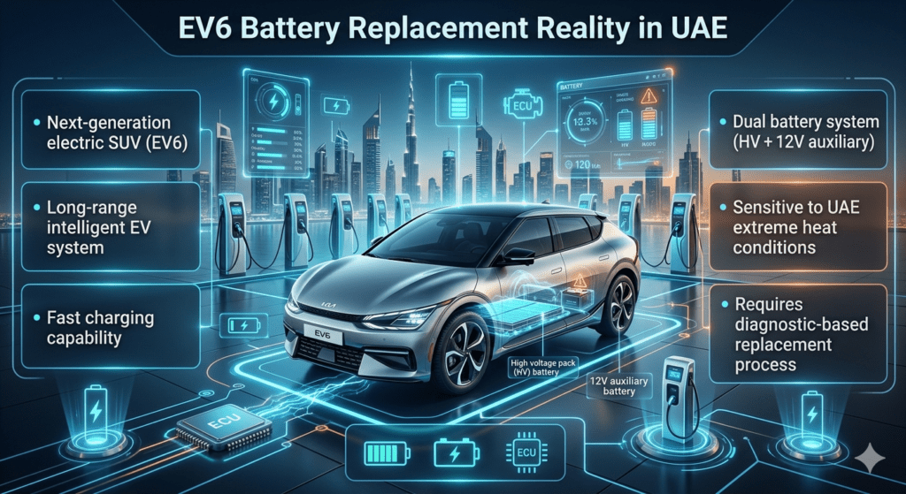 Kia EV6 electric SUV battery system infographic showing high-voltage and 12V batteries, UAE heat impact, and advanced EV battery replacement guide.