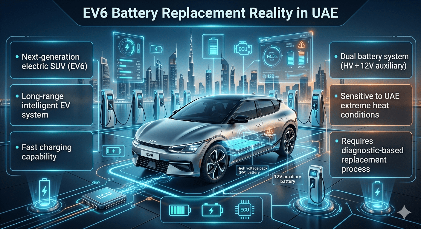 Kia EV6 electric SUV battery system infographic showing high-voltage and 12V batteries, UAE heat impact, and advanced EV battery replacement guide.