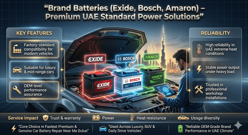 Luxury automotive infographic showing Exide, Bosch, and Amaron batteries with factory compatibility and high reliability in UAE climate for Fastest Premium & Genuine car battery repair near me Dubai services.
