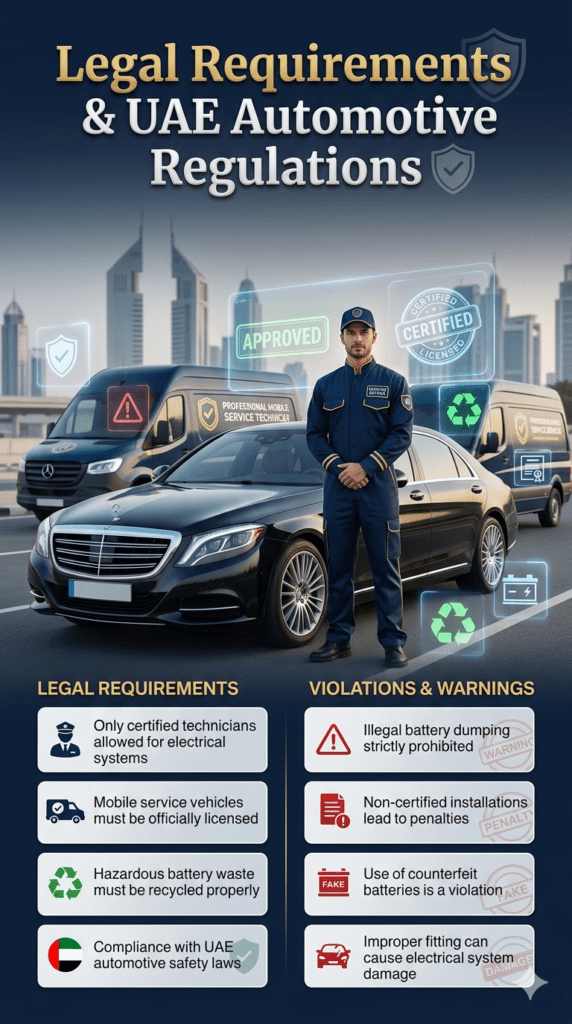 Dubai roadside car battery replacement legal compliance infographic showing certified technician, licensed mobile service, recycling rules, and violation warnings for unsafe battery replacement practices in Al Hamriya.