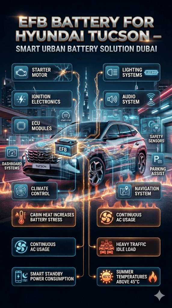 EFB Battery for Hyundai Tucson – Smart Urban Battery Solution Dubai Premium automotive infographic showing an EFB battery powering a Hyundai Tucson in Dubai traffic with advanced charging technology, start-stop support, urban commuting performance, and futuristic battery durability visuals.