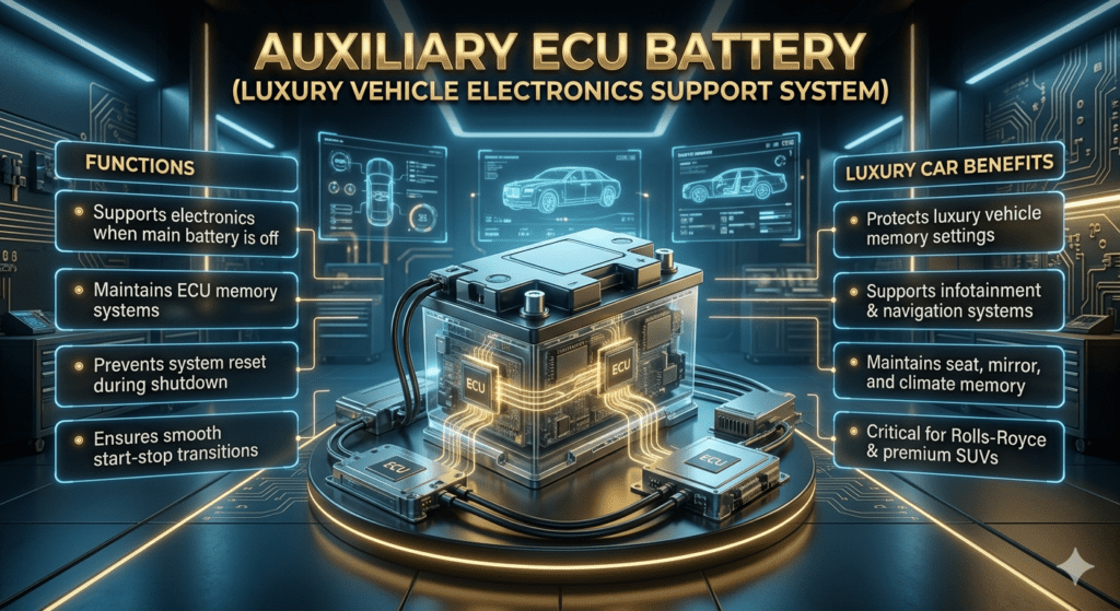 Futuristic infographic of auxiliary ECU battery showing electronics support, memory system control, and luxury car ECU stability in Dubai climate conditions.