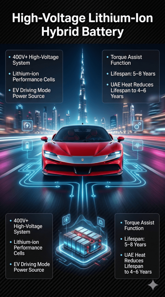 Ferrari SF90 hybrid hypercar in Dubai with infographic showing high-voltage lithium-ion battery system, performance details, and lifespan information.