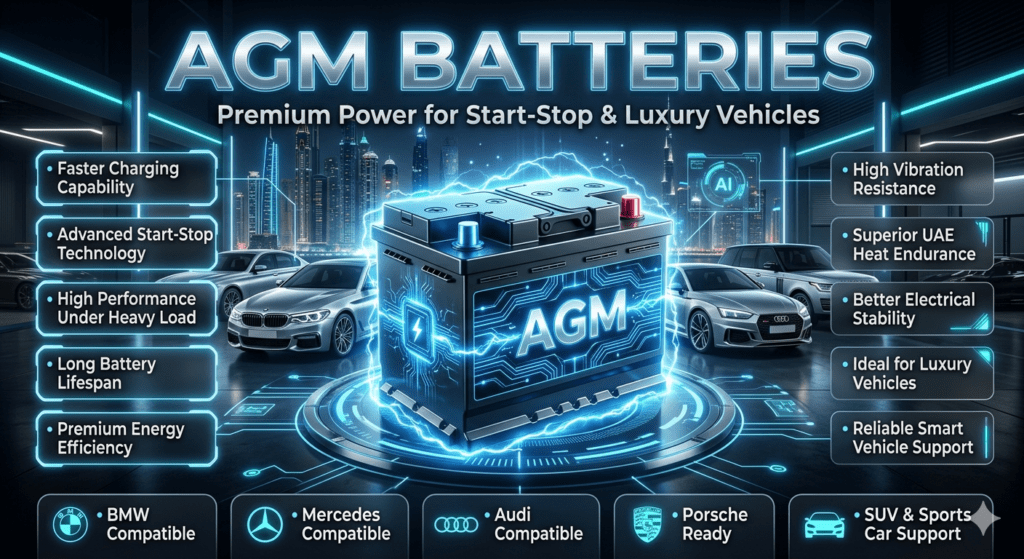 Premium AGM battery infographic poster showing luxury vehicles, futuristic battery technology, UAE heat resistance, and advanced start-stop automotive power systems.
